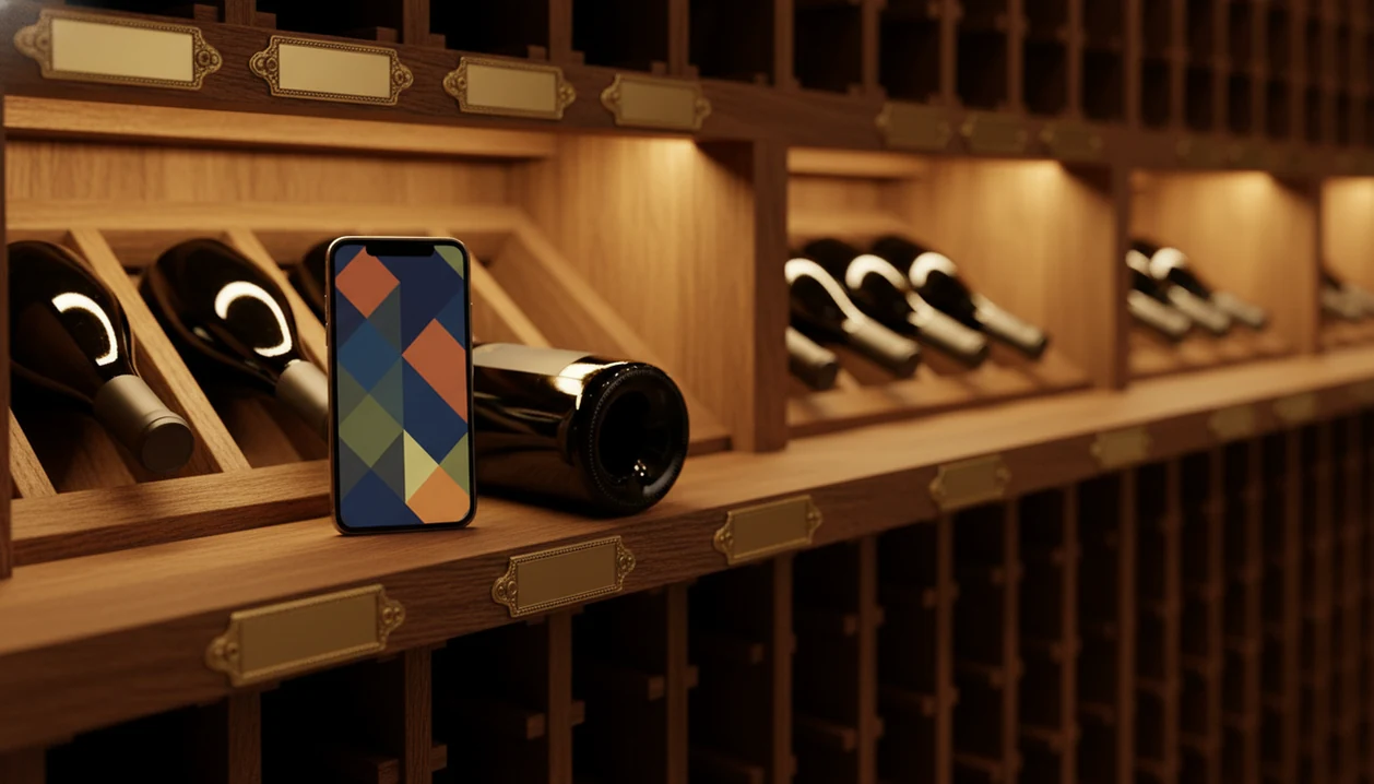 A wine bottle, smartphone, and organized wooden cellar rack suggest scanned bottles becoming inventory records.
