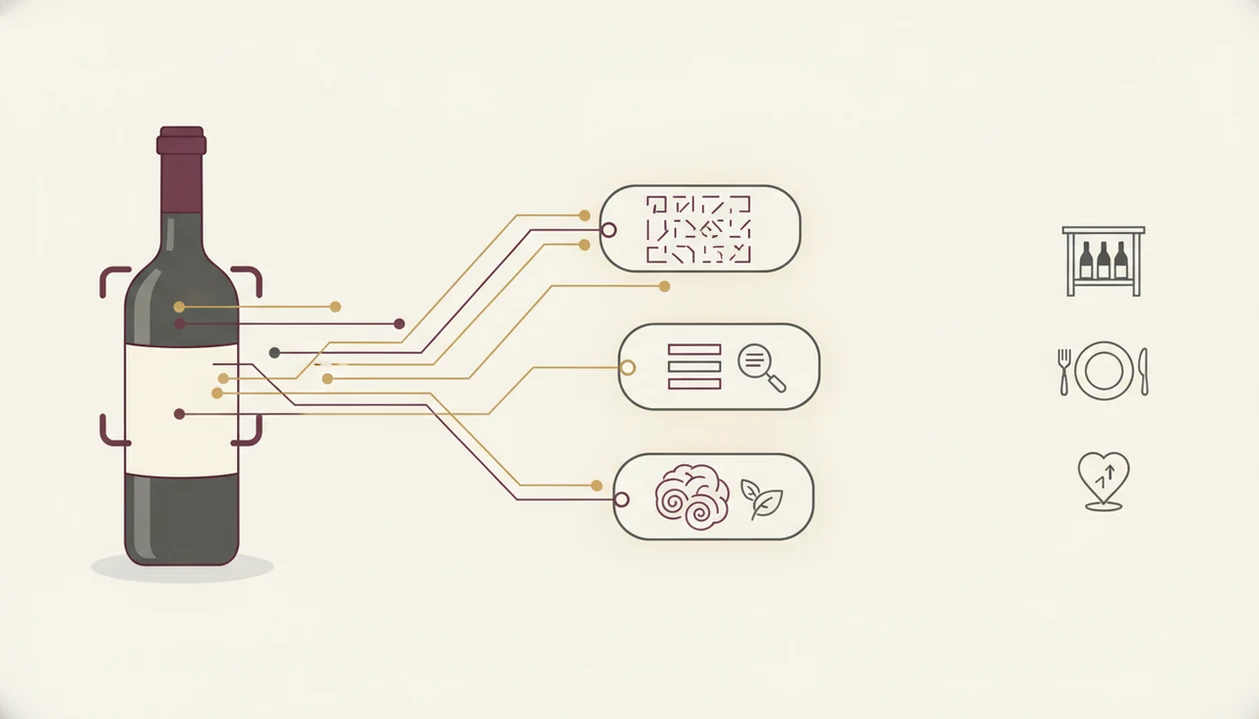 A simple diagram shows a blank wine label flowing through AI recognition into cellar and pairing icons.