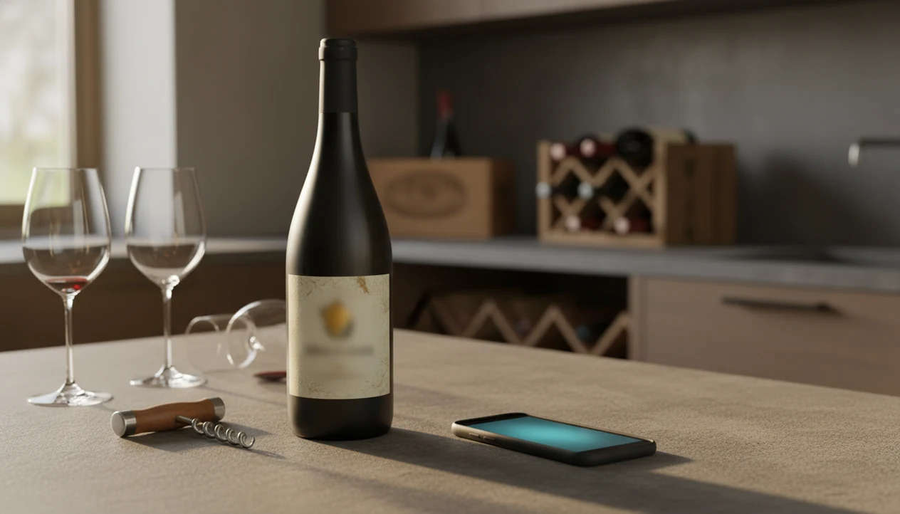 A smartphone scans a blank wine bottle label on a counter beside softly blurred home cellar racks.