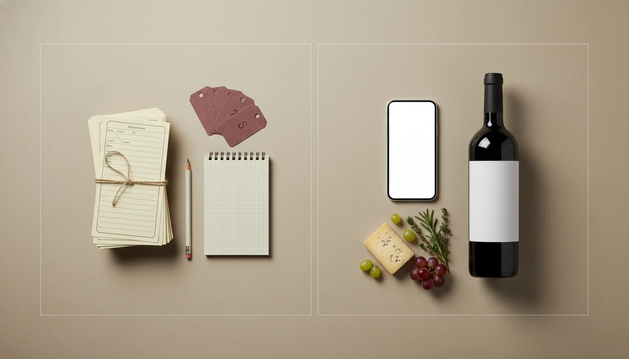 A split tabletop compares cellar records and bottle tags with a phone, wine bottle, and pairing ingredients.