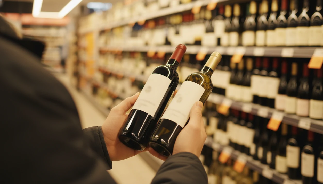 A shopper scans wine bottles with a phone in a softly lit grocery store aisle.