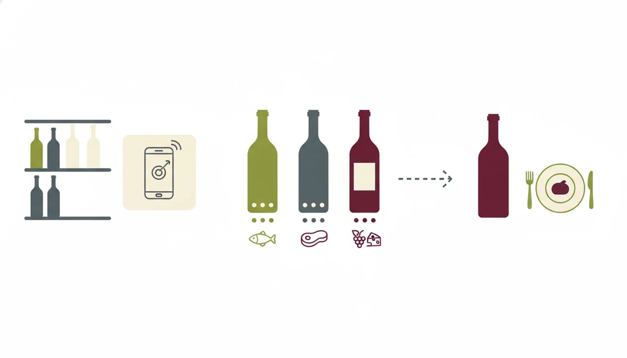 An illustrated flow shows scanning, comparing, and choosing one grocery wine for dinner.