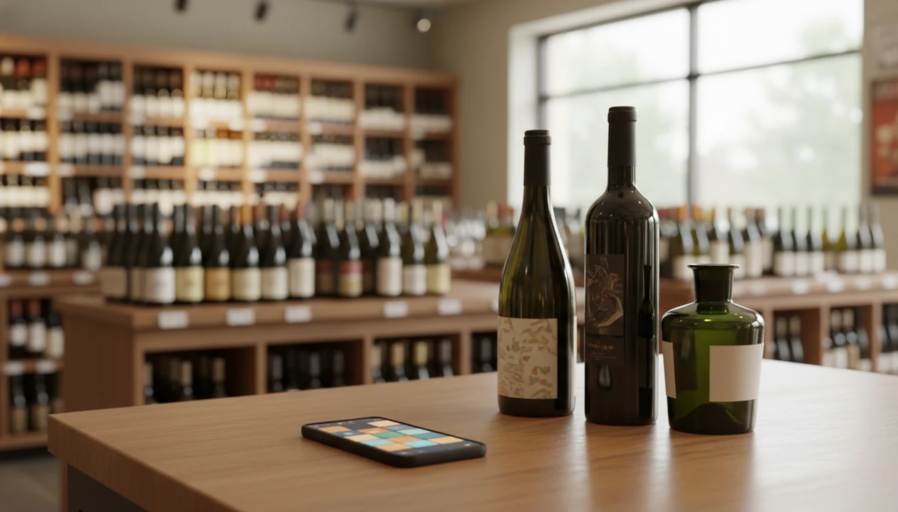 A phone and several wine bottles sit in a shop aisle, suggesting AI support for choosing from many options.