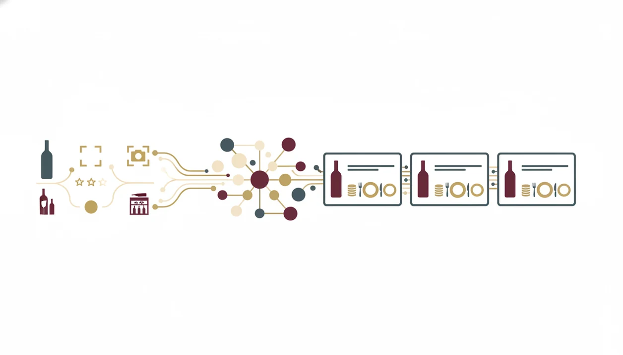 A clean diagram shows scans, ratings, and cellar data flowing into an AI wine recommendation engine.
