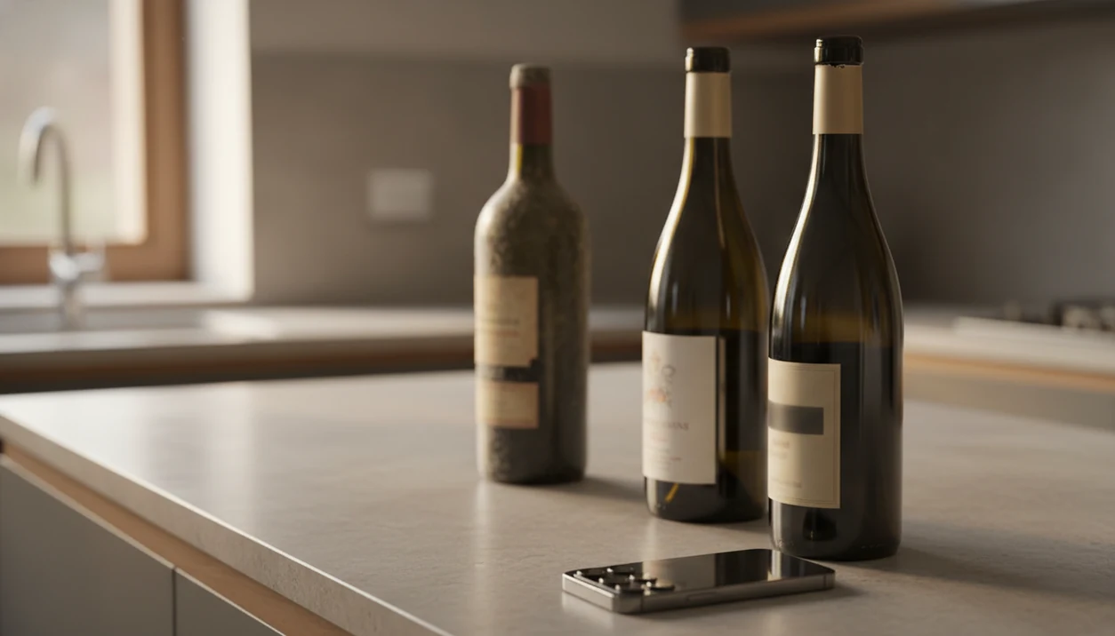 A phone rests near three different wine bottles, suggesting how app accuracy varies by bottle type.