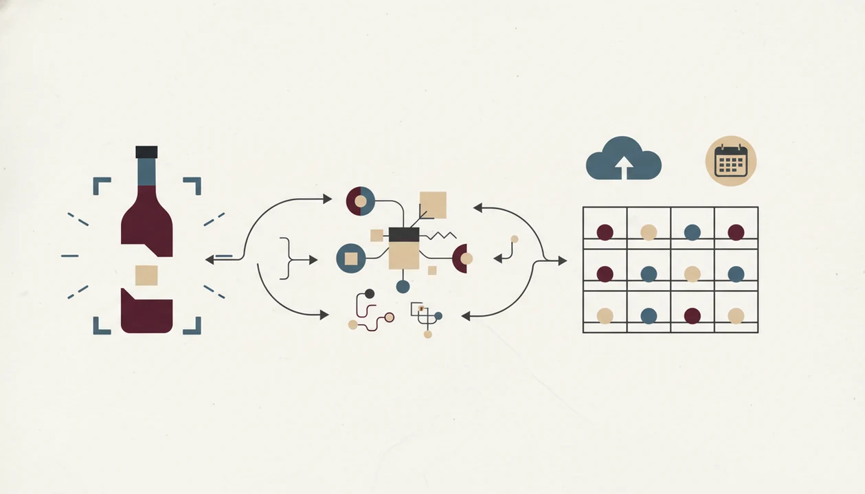 A wordless diagram shows a wine label scan flowing into cellar inventory and cloud backup icons.