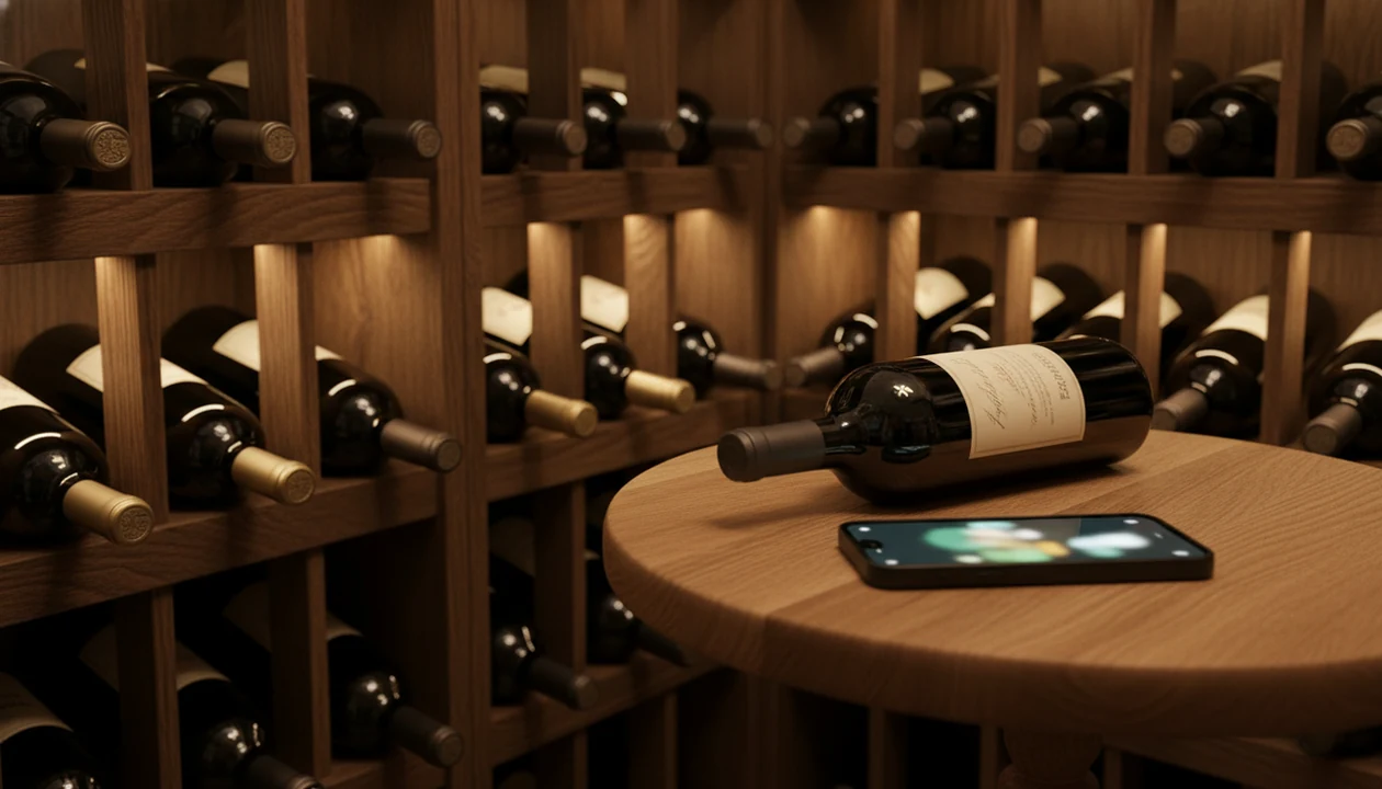 A smartphone ready to install a wine cellar app sits beside bottles in a warmly lit cellar.