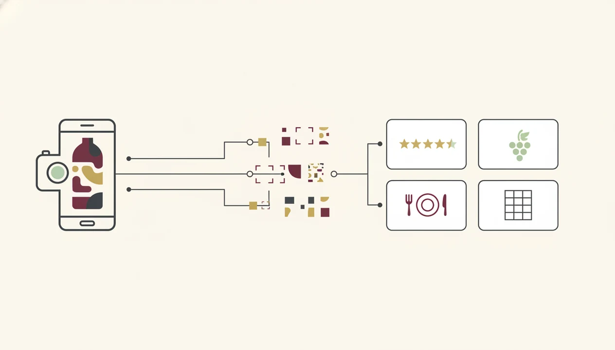 A simple diagram shows a wine label photo becoming bottle details, pairings, and cellar records.