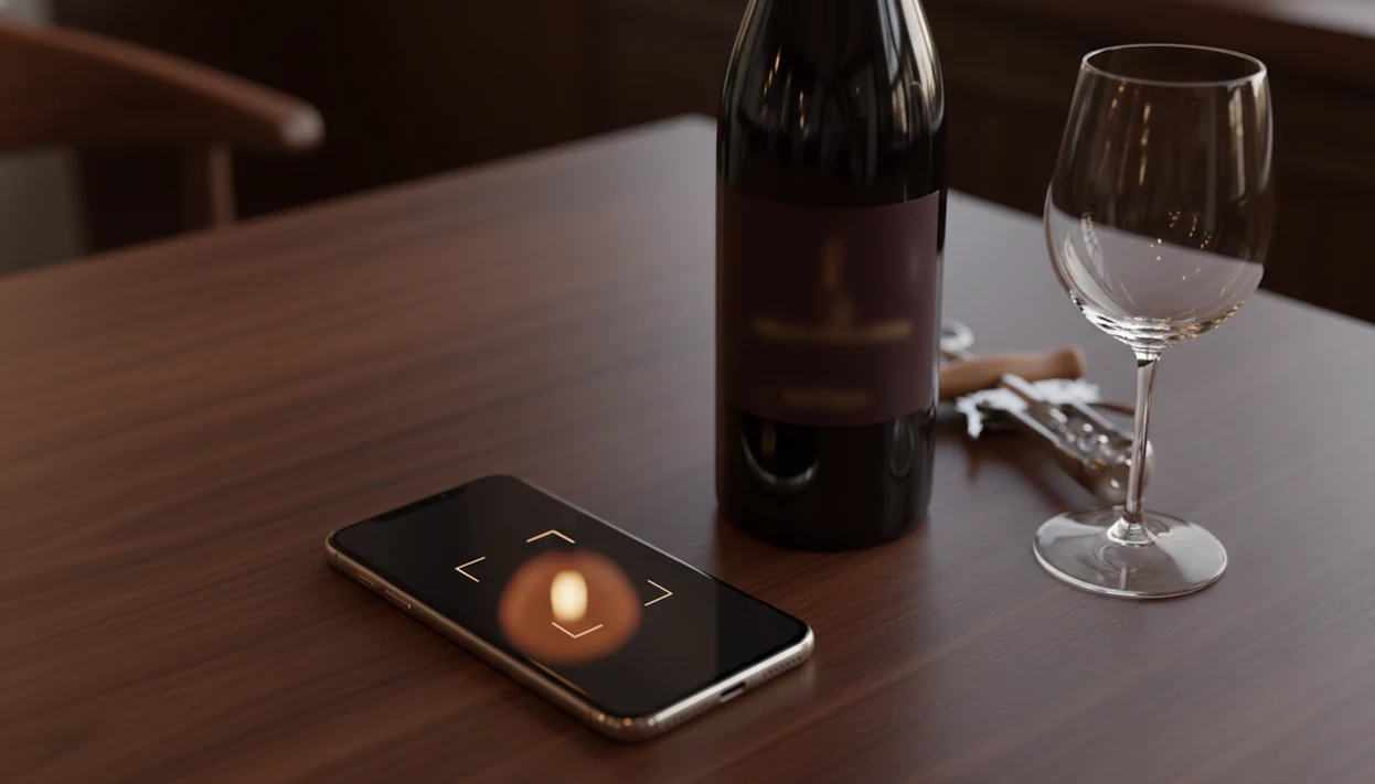 A smartphone scans a wine bottle on a wooden table with glasses and wine tools nearby.