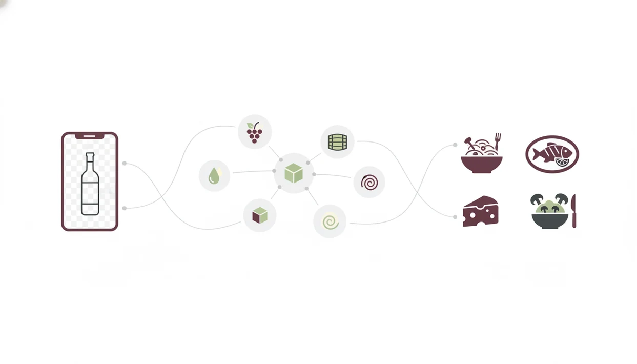 A clean diagram shows a wine scan turning into flavor traits and food pairing suggestions.