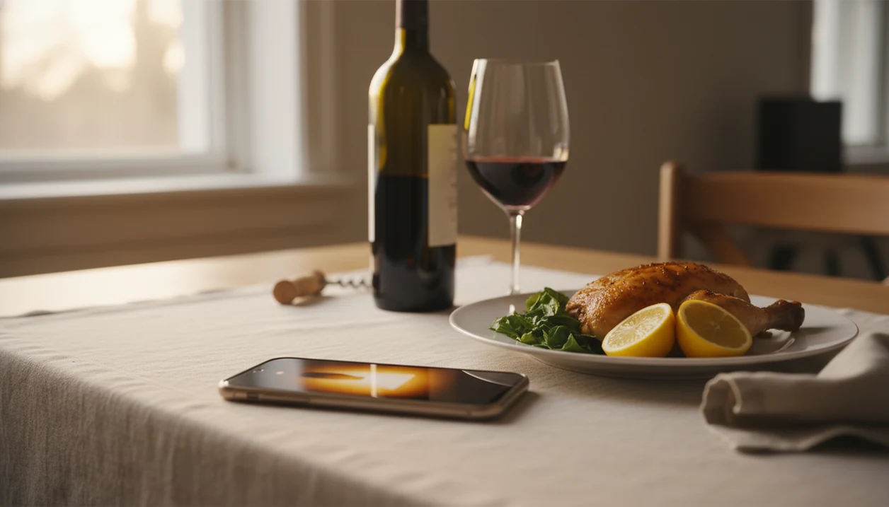 A smartphone sits beside wine, dinner, and cheese, suggesting quick pairing help before a meal.
