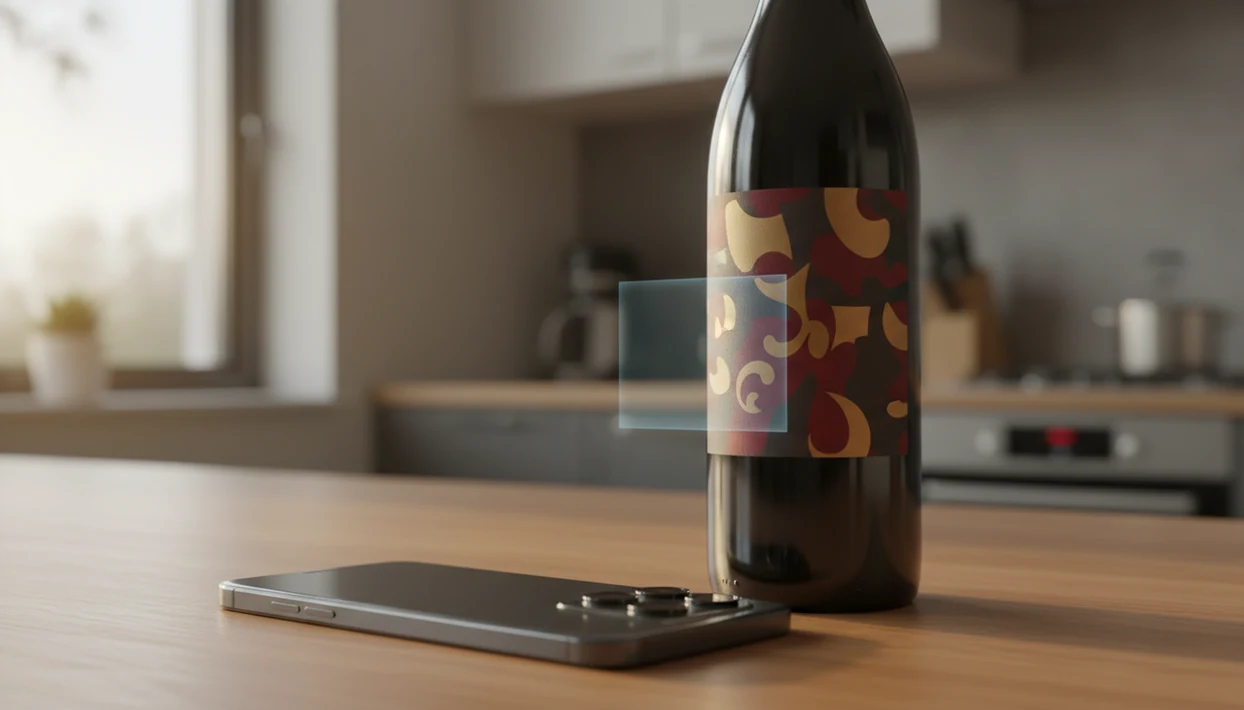 A smartphone scans a wine bottle label on a kitchen counter beside glasses and other bottles.