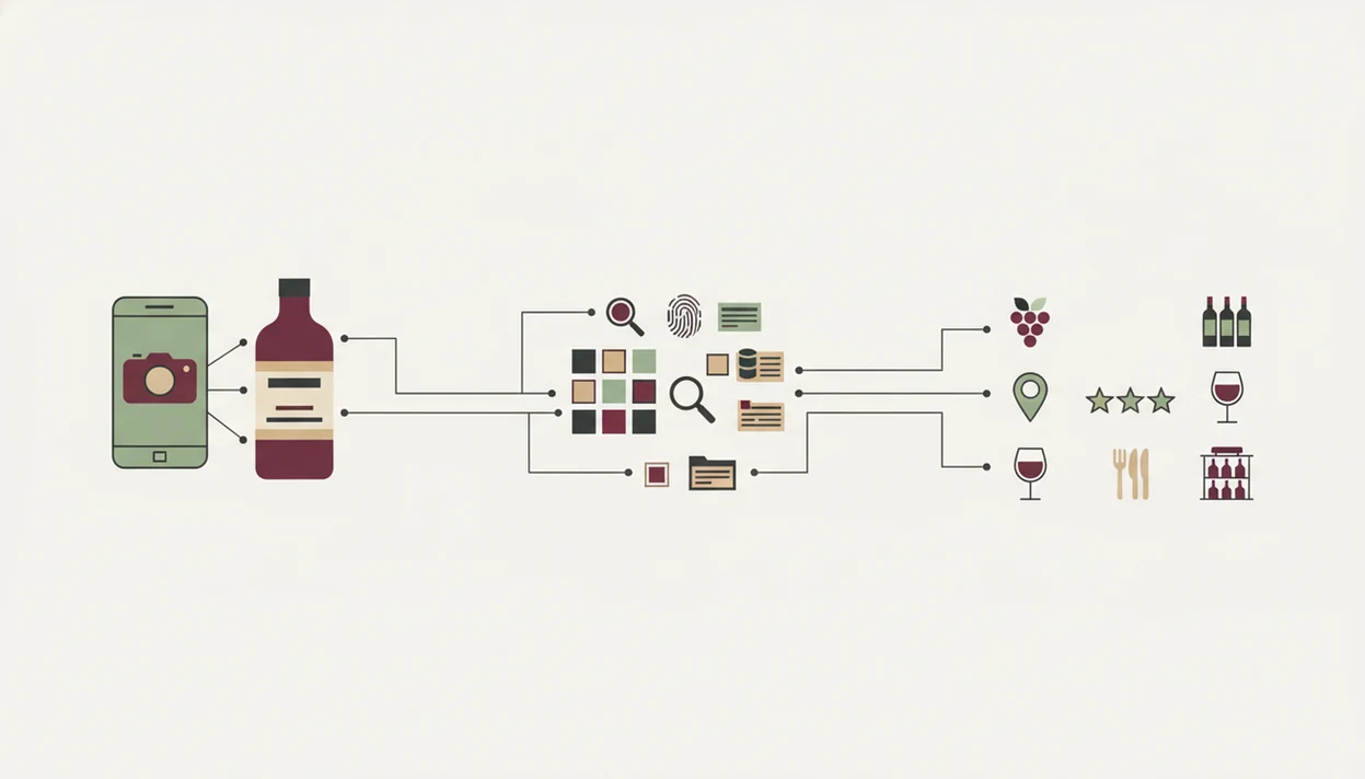 A simple diagram shows a wine label photo becoming visual data and organized bottle details.