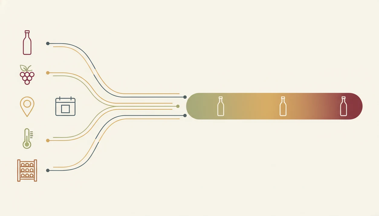 Illustrated icons for wine details and storage flowing into a color-coded drinking window timeline.