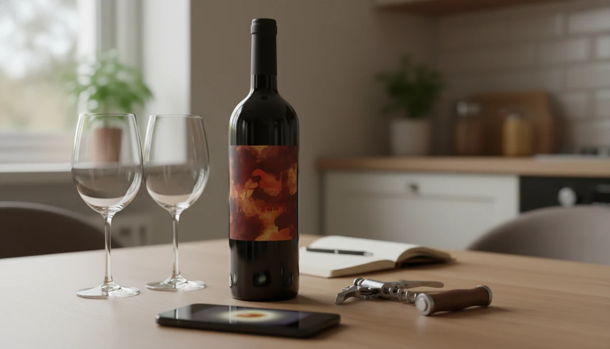 A smartphone and wine bottle on a restaurant table suggest scanning a label to identify and save the wine.