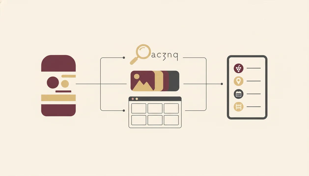 A simple diagram shows a wine label photo becoming a verified bottle record through recognition layers.