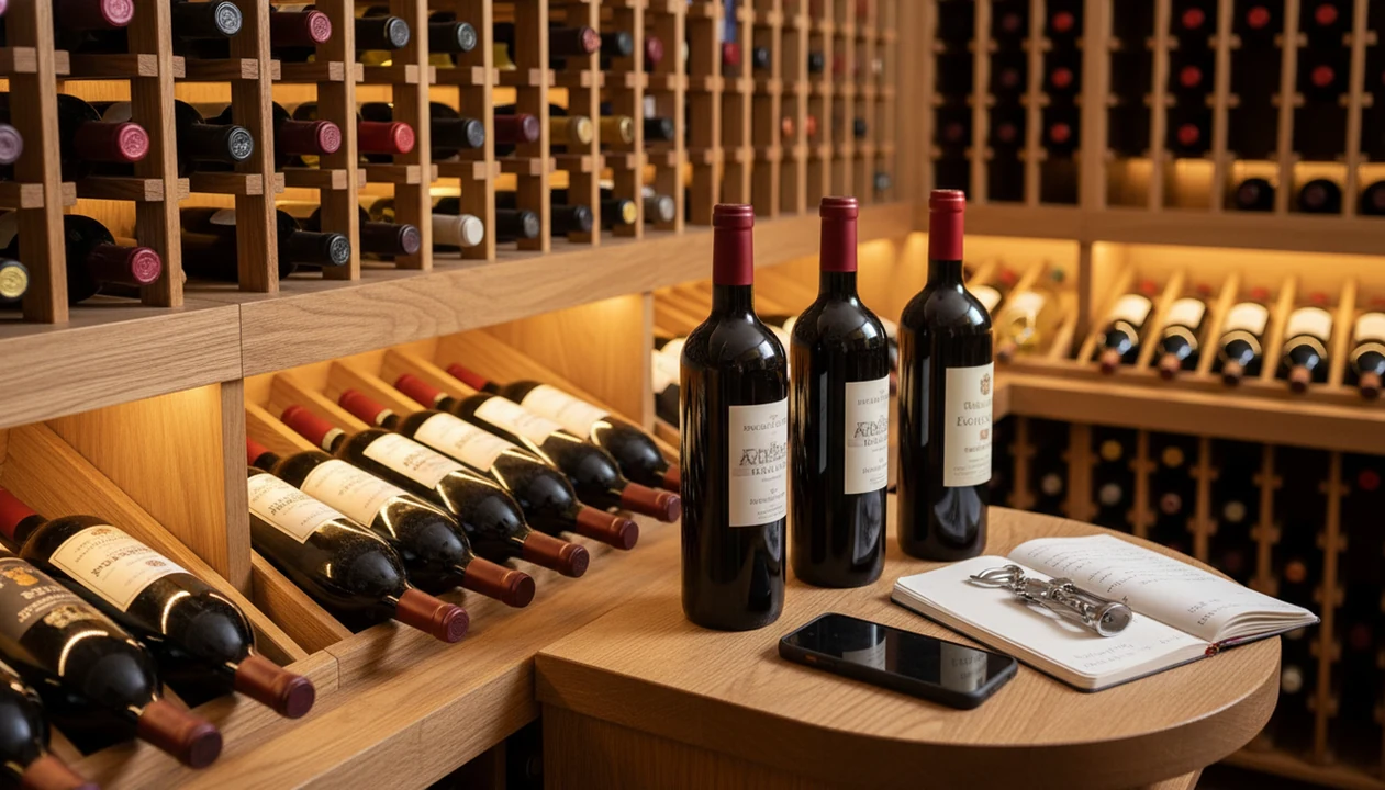 A phone and notebook sit beside wine bottles in an organized home cellar rack.