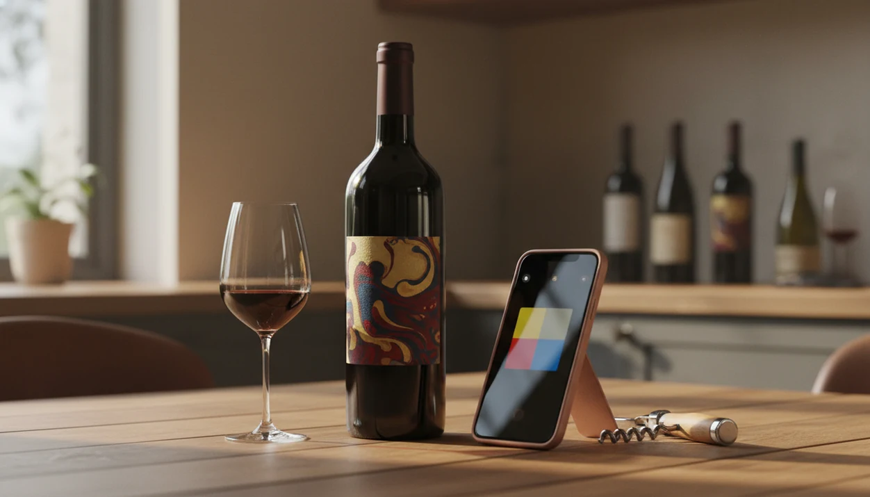 A smartphone scans an unreadable wine bottle label on a table with a glass of wine nearby.