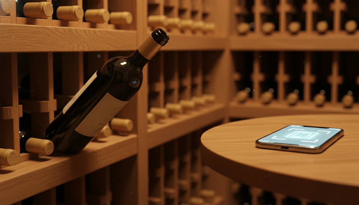 A smartphone scans a wine bottle in a warm cellar with organized racks blurred behind it.