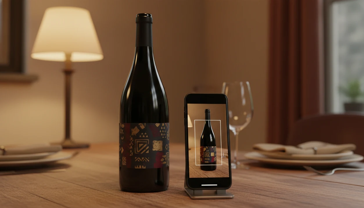 A phone camera is positioned straight on to scan a wine bottle label in soft natural light.