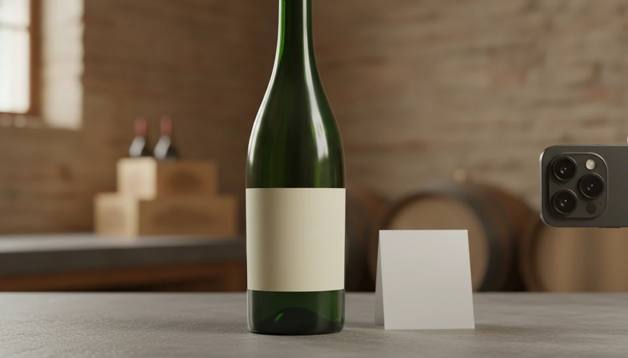 A phone is positioned squarely in front of a wine bottle label under soft side lighting.