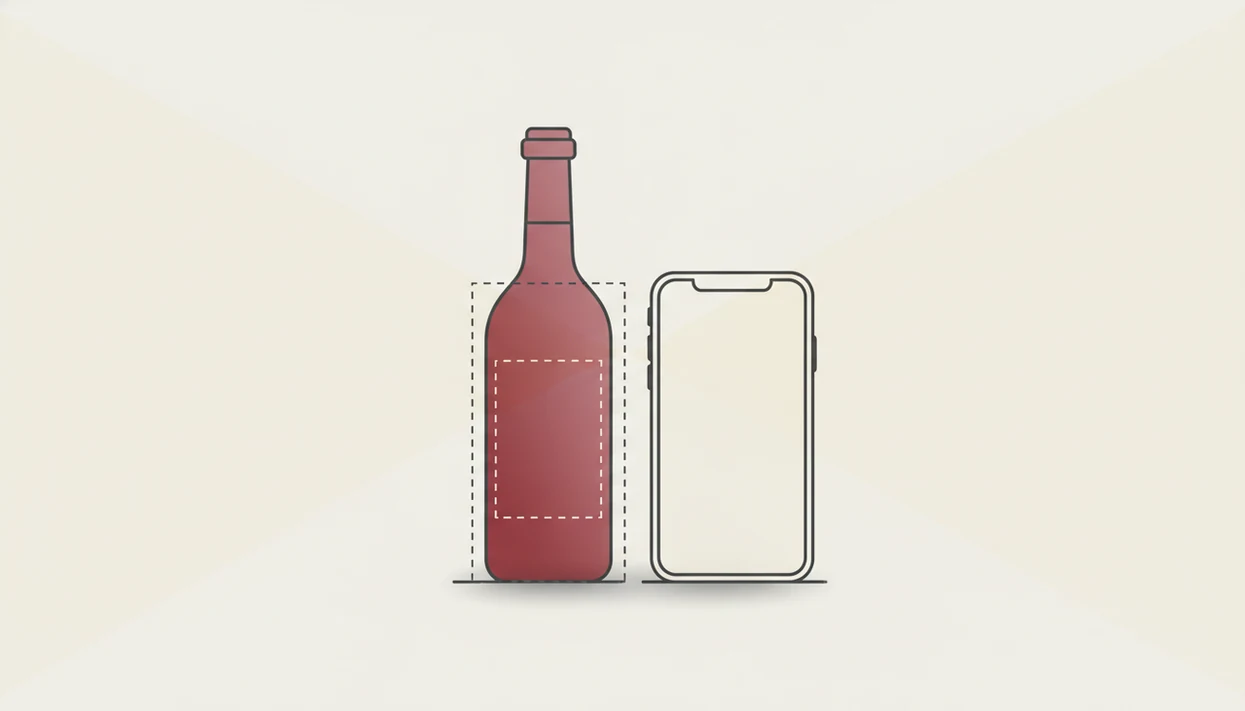 A simple diagram shows a phone facing a wine bottle with side lighting aimed away from the label.
