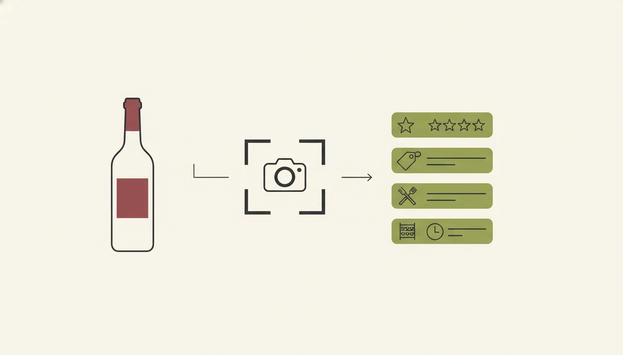 A simple diagram shows a wine label scan turning into ratings, price, pairing, and cellar signals.