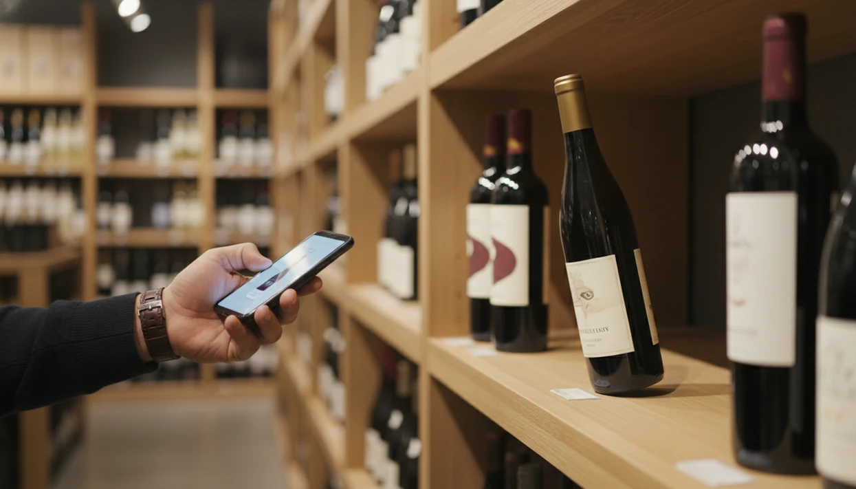 A shopper scans an unreadable wine label on a store shelf while comparing bottles before buying.
