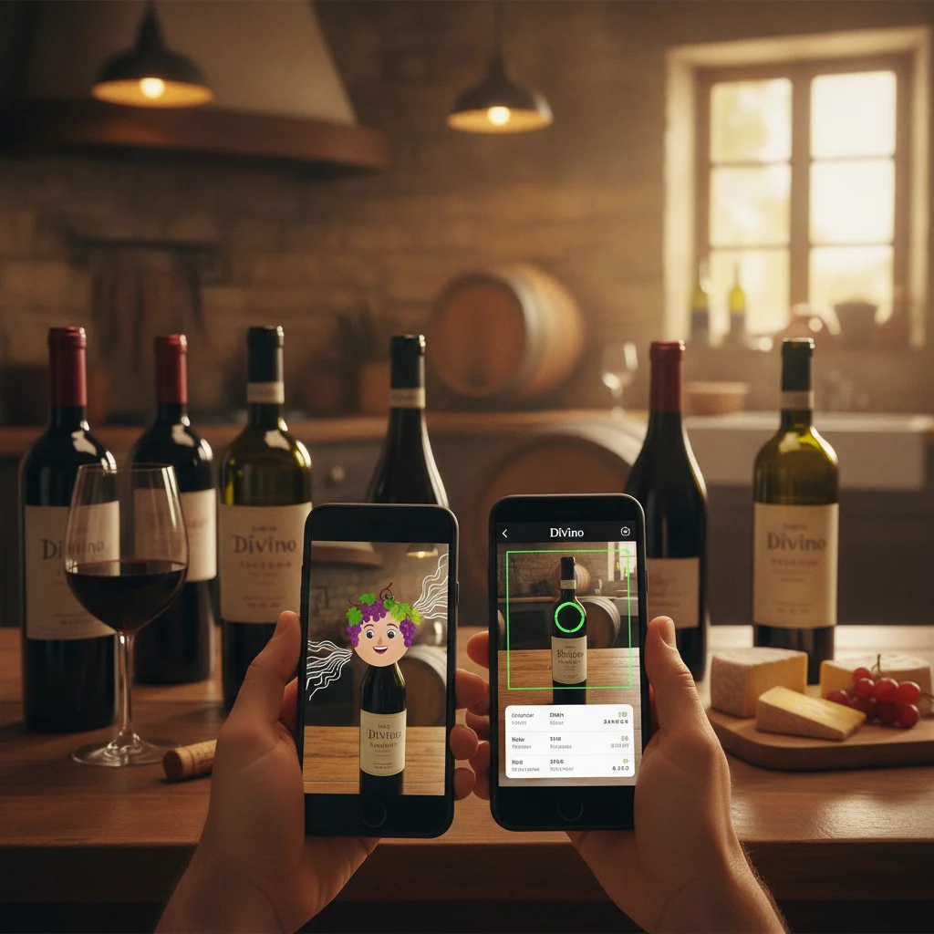 iPhone comparing a living AR talking wine label with practical DiVino wine label scanning