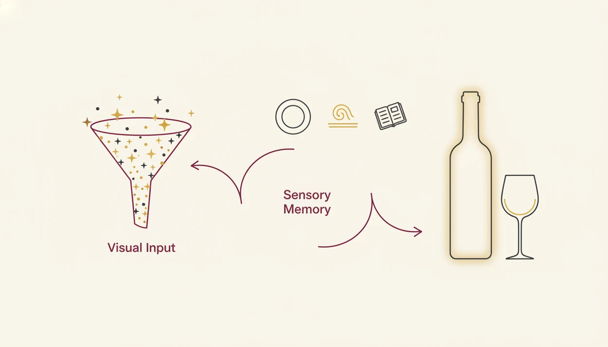 An abstract diagram shows crowd ratings and tasting memories combining into one wine choice.