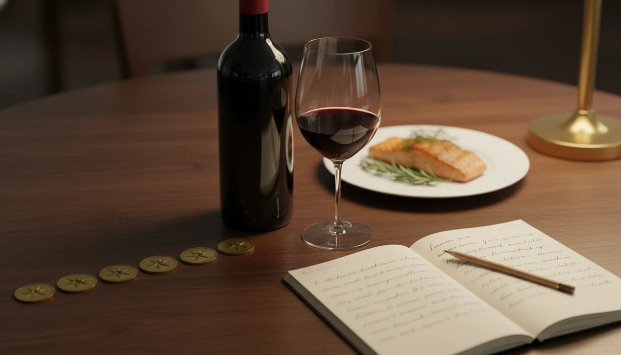 A wine glass sits between a blurred ratings screen and an open notebook of personal tasting notes.