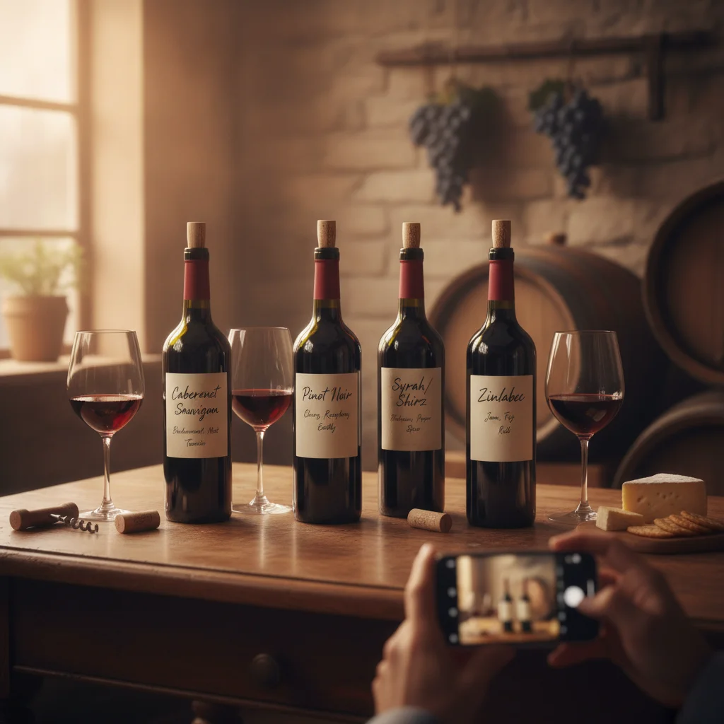 Selection of common red wine varietals with grape names and tasting notes