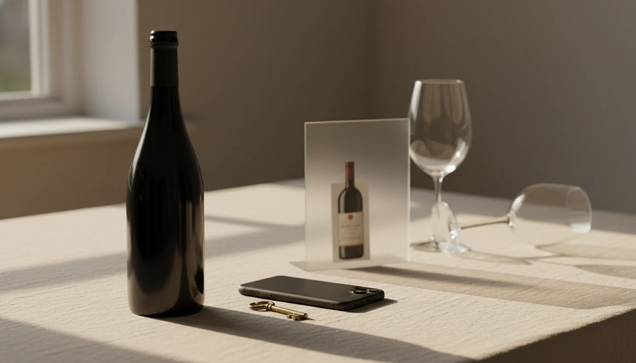 An unopened wine bottle, empty glass, phone, and key sit on a quiet table to suggest safe app use.