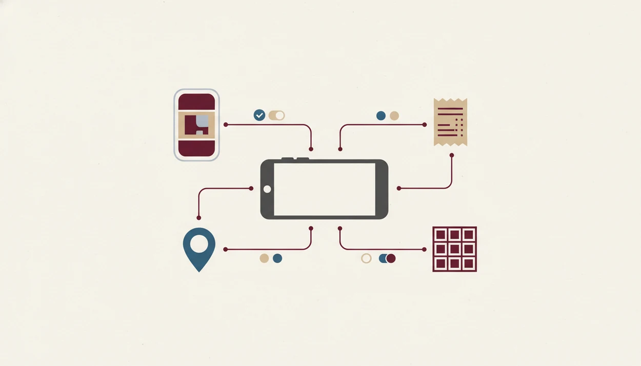 A simple diagram shows wine app data types connected to a phone with privacy shield and toggle symbols.