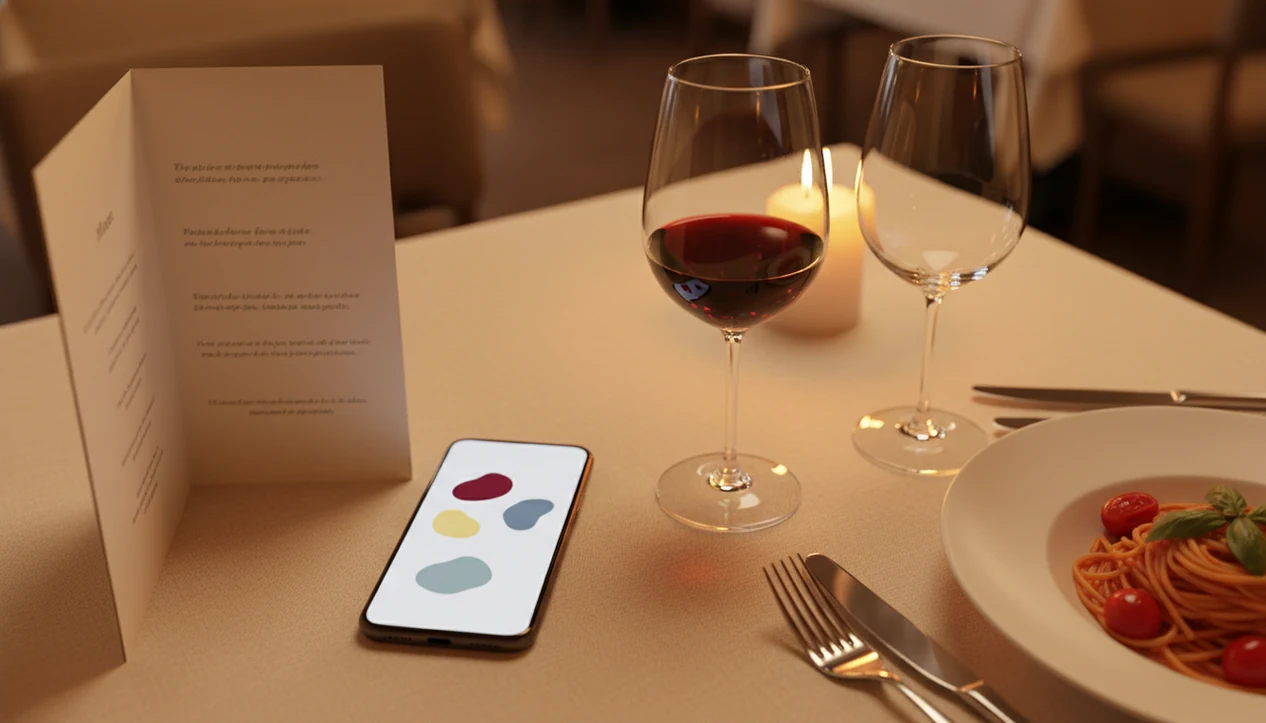 A restaurant table shows a blurred wine list and phone scan beside glasses and dinner plates.