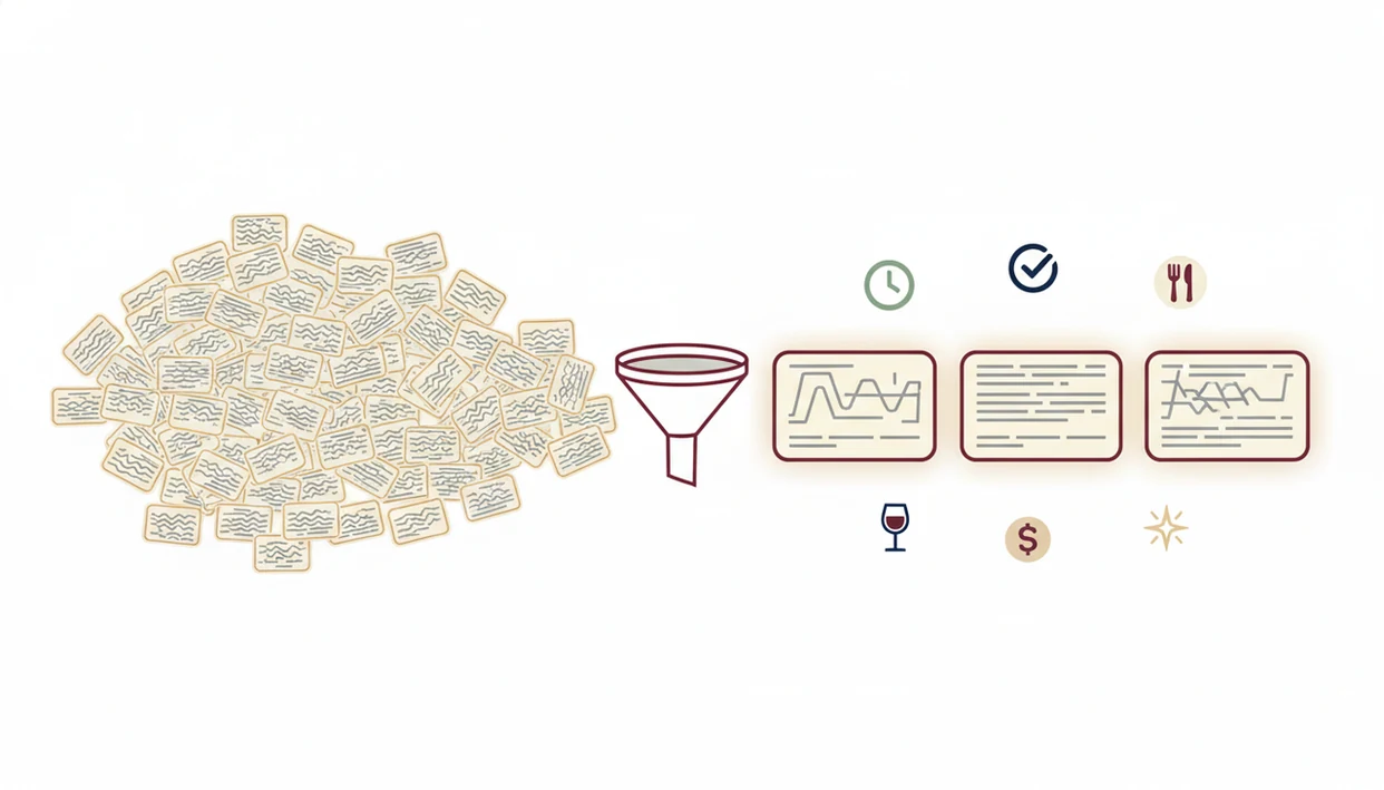 An illustration shows many wine options filtered into three picks with icons for speed, fit, price, and discovery.