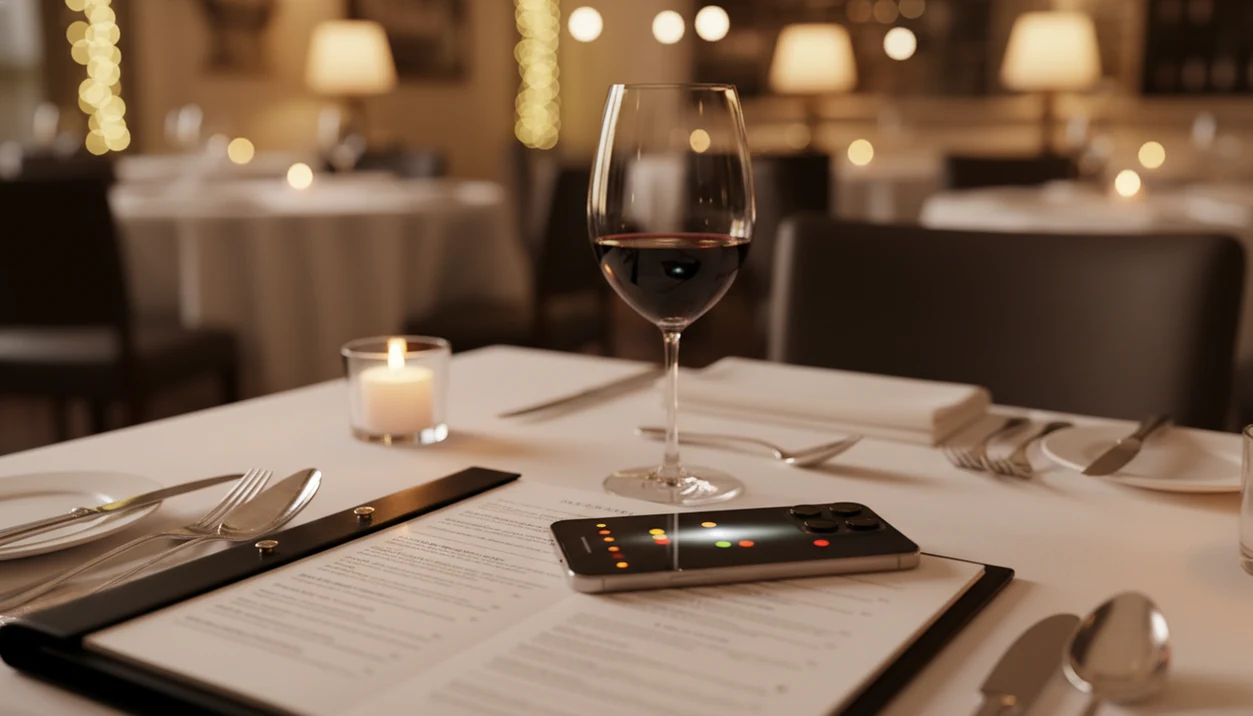 A smartphone scans a blurred restaurant wine list on a candlelit table with wine glasses nearby.