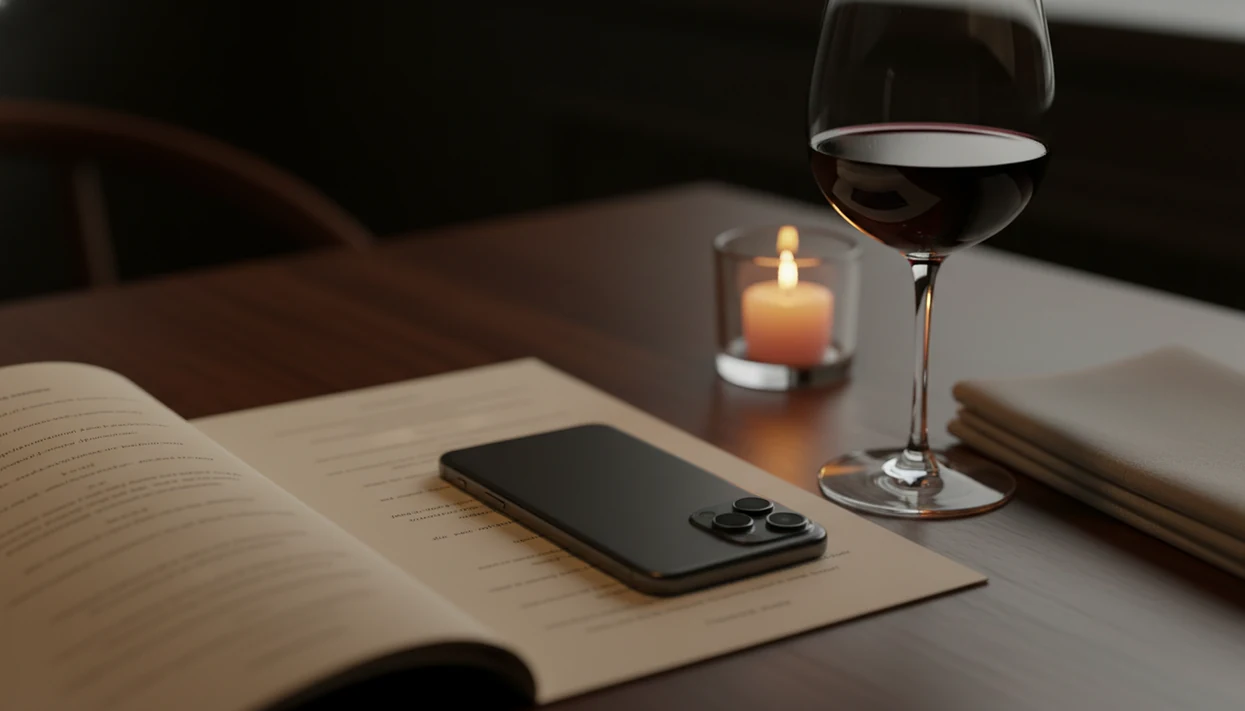 A smartphone rests beside an unreadable restaurant wine list, candle, and wine glass on a dim table.