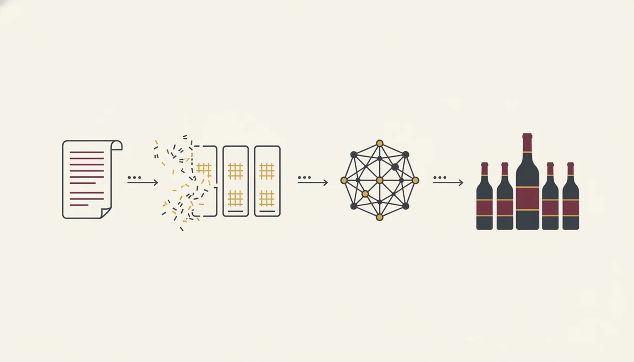 A minimalist diagram shows menu lines becoming data, database matches, and ranked wine options.