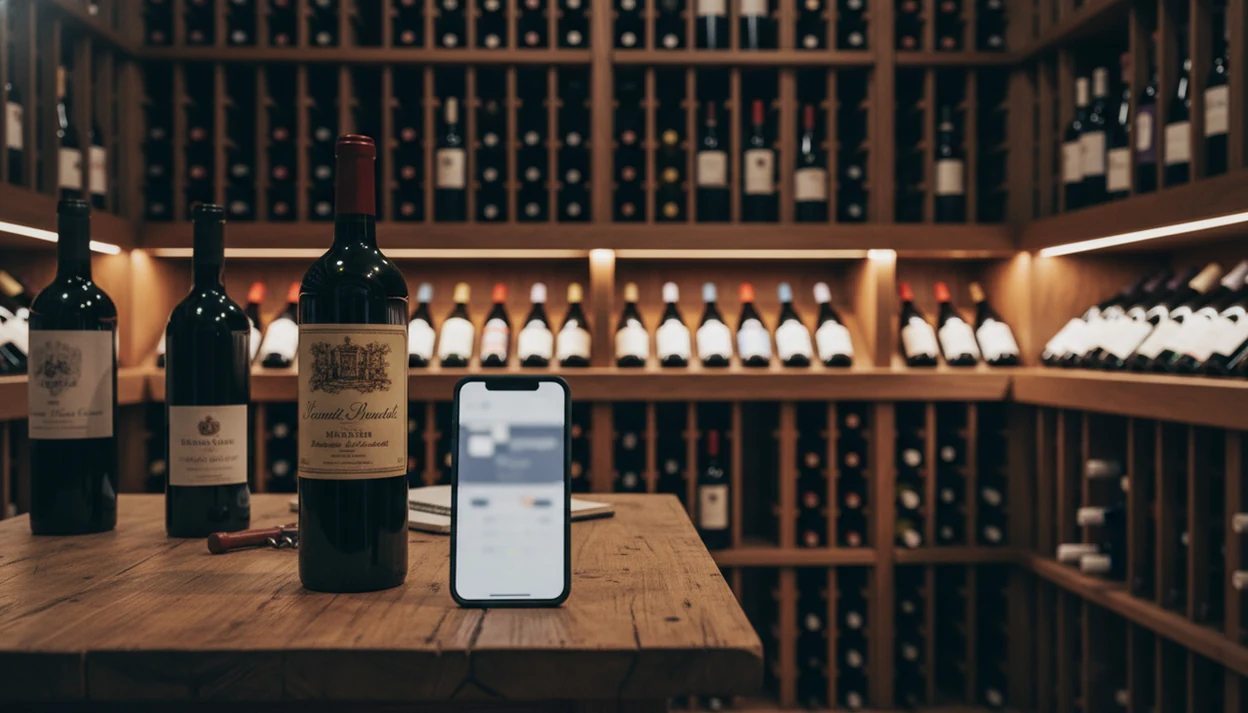 A smartphone scans a wine bottle on a table in front of neatly organized cellar racks.
