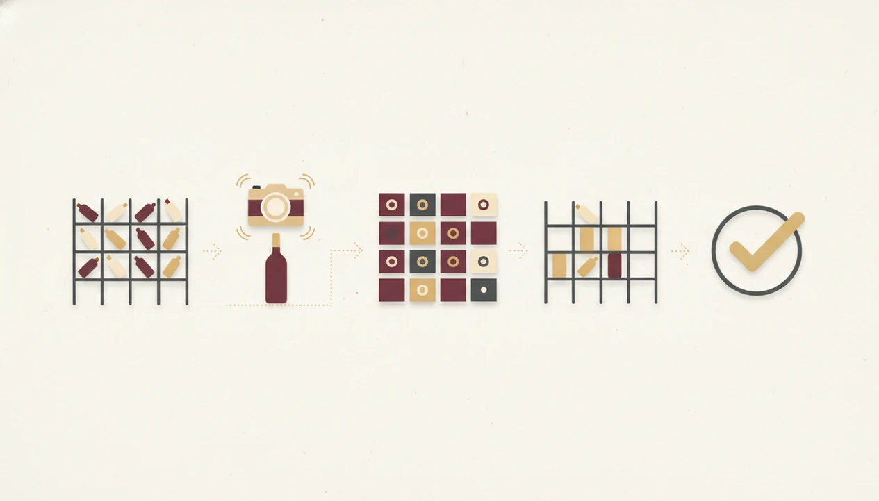 A visual workflow shows wine bottles moving from rack scanning to organized digital inventory slots.