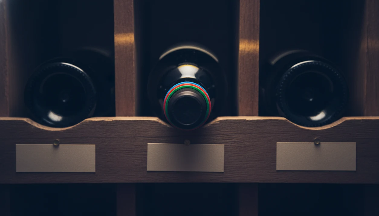 A close-up of a racked wine bottle with blank location tags and bottle tracking markers nearby.