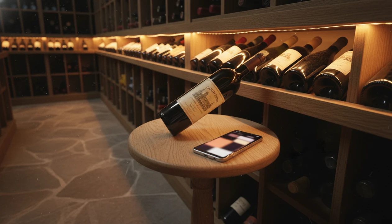 A smartphone scans a wine bottle in an organized cellar with racks fading into warm background light.
