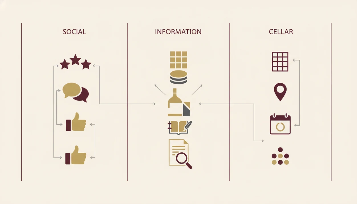A minimalist icon diagram compares social ratings, database records, and cellar inventory workflows.