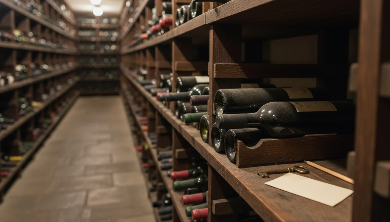 Rows of wine bottles in a cellar with inventory tools imply structured collection management.