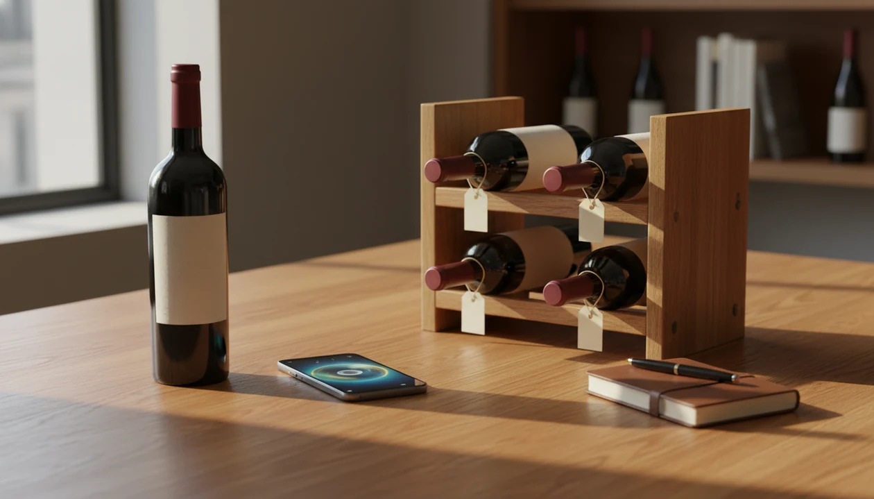 A wine bottle, phone, cellar rack, and notebook suggest scanning versus cellar management workflows.