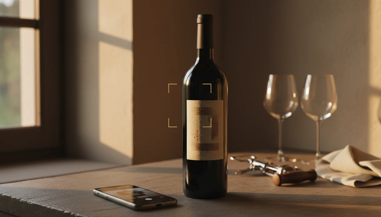 A smartphone scans an unreadable wine bottle label on a warm countertop with glasses nearby.