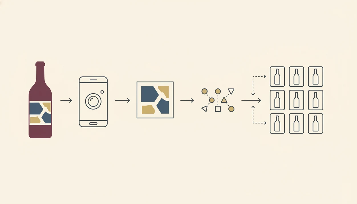 A simple diagram shows a wine label moving through phone scanning, recognition, and database matching.