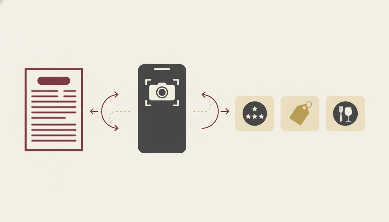 A simple diagram shows a wine menu photo becoming ratings, price, and pairing results.