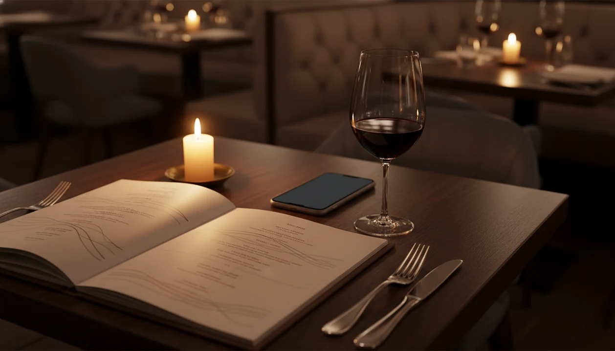 A smartphone rests beside an unreadable wine menu and glass on a candlelit restaurant table.